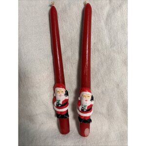 2 Christmas Wax Tapered Santa Claus Candles 10" Vtg Unburned Red